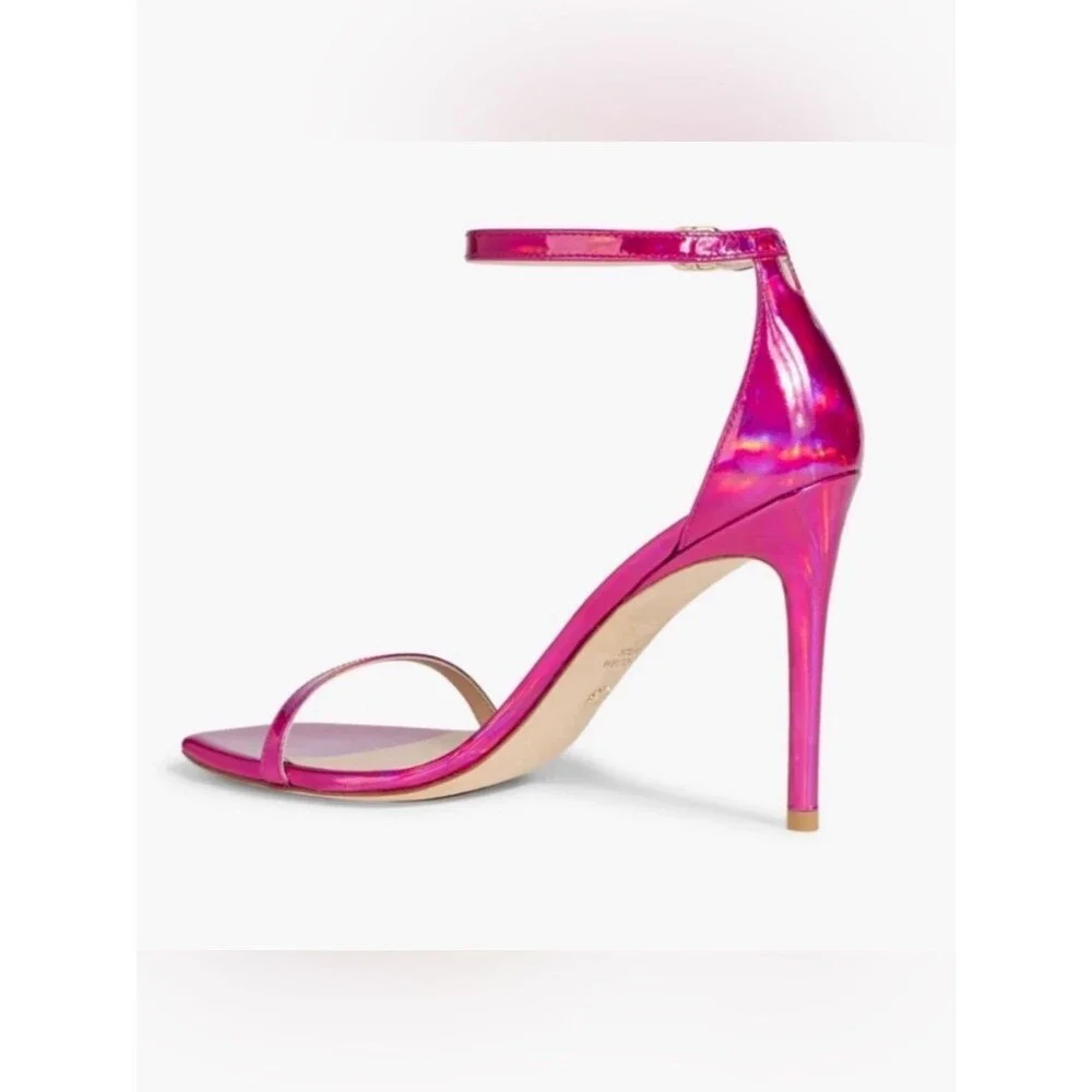 Stuart Weitzman Nudistcurve 100 Metallic Pink Stiletto Square Toe Sandals Sz 7B - Picture 16 of 16